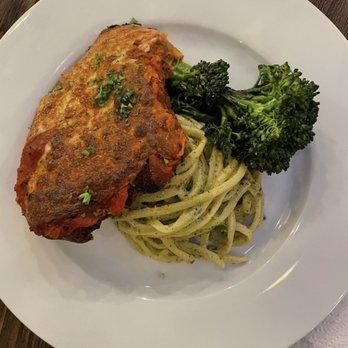 The Wright Service - Gluten free Chicken Parmesan with gluten free pesto linguine and black peppercorn broccolini. - Personal Chefs Near Me The Wright Service - Gluten free Chicken Parmesan with gluten free pesto linguine and black peppercorn broccolini. - Personal Chefs Near Me