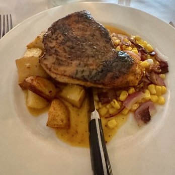 1640 Hart House - Blackened Swordfish with lemon potatoes and corn and bacon. My husband loved this dish. - New American Near Me - Ipswich, Massachusetts