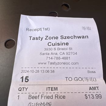 Tasty Zone - Receipt. - Szechuan Near Me - Santa Ana, California Tasty Zone - Receipt. - Szechuan Near Me - Santa Ana, California