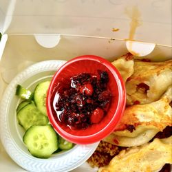Wong’s - Bento box- dumplings, fried rice and refreshing cucumber salad with chili crisp for dipping