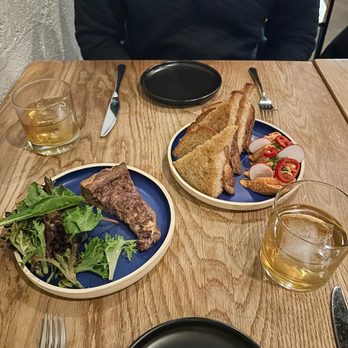 Codex - Prosciutto & onion tart (L), Grilled sourdough & Nduja (R), and Mezcal Old Fashioned's - New American Near Me - Norfolk, Virginia
