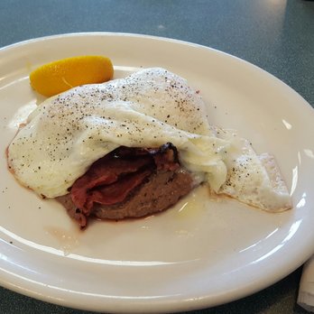 Giant Hamburgers - Rare Burger patty, topped with Pastrami and two eggs over easy. Deeeelicious! Thanks Doug & Oscar! - Burgers Near Me - Mesa, Arizona