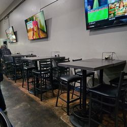 Tables against the wall.