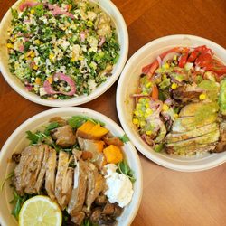 Just Salad - Paramus - Cilantro lime chicken bowl, warm chicken + goat cheese bowl and chicken fajita bowl