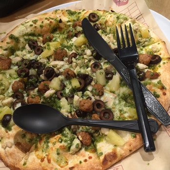 MOD Pizza - Make your own pizza .. Pesto base with mozzarella, chicken, spicy sausage, pineapple and olives! This is amazing!! - Pizza Near Me - Santa Clara, California MOD Pizza - Make your own pizza .. Pesto base with mozzarella, chicken, spicy sausage, pineapple and olives! This is amazing!! - Pizza Near Me - Santa Clara, California