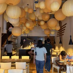 Pillow lanterns on the ceiling.