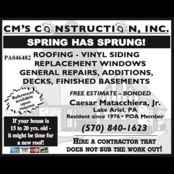 C M's Construction - the front of a business card - General Contractors Near Me - Lake Ariel, Pennsylvania C M's Construction - the front of a business card - General Contractors Near Me - Lake Ariel, Pennsylvania