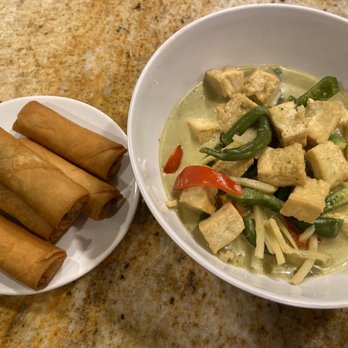 THAI & GO - No.31 Green Curry w tofu and No.1 Egg Rolls - Thai Near Me - Carmel, Indiana