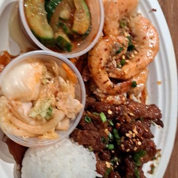 Hawaiian Style BBQ - Mixed Plate Spicy Garlic Shrimp, Spicy Garlic Chicken, Cucumber Kimchi, Cabbage Kimchi and Rice - Hawaiian Near Me - Augusta, Georgia