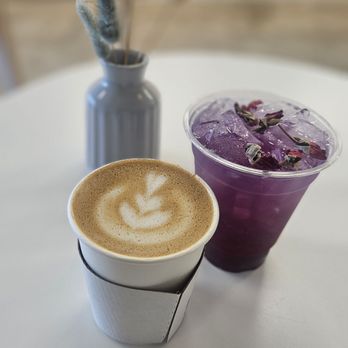 Redshift Coffee Roasters - Flat white with oatmilk. Butterfly raspberry iced tead. - Coffee & Tea Near Me - Lake Forest, California Redshift Coffee Roasters - Flat white with oatmilk. Butterfly raspberry iced tead. - Coffee & Tea Near Me - Lake Forest, California