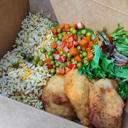 Myra's Bar and Kitchen - Breaded chicken, rice, veggies and salad.
