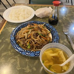 China King - Mongolian Beef, steamed rice and wonton soup.