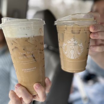 Starbucks - two cups of iced coffee in a car - Coffee & Tea Near Me - Williamsburg, Virginia