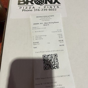 Bronx Pizza And Pints - Receipt - Pizza Near Me - Wichita, Kansas