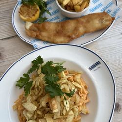 Ramore Wine Bar - 4.11.25 Chili chicken penne pasta (kinda weirdly sweet) and fish n chips