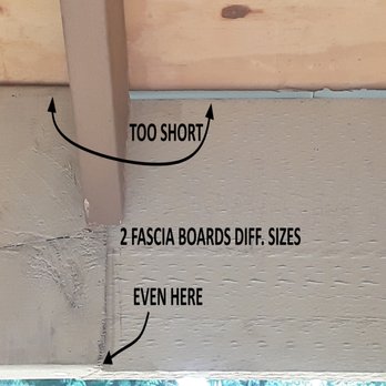 Three Tree Roofing - Fascia board joint doesn't line up because the two boards are different sizes. Plywood unsupported. - Roofing Near Me - Kent, Washington