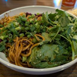 Spicy Korean Steak Noodles Duo - A bowl of Asian-style noodles garnished with chopped green onions and fresh cilantro, served on a wooden table.
