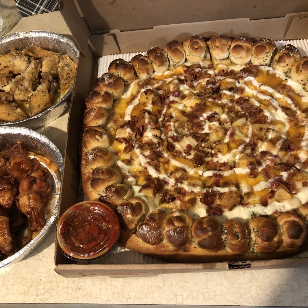 Chicken bacon ranch garlic knot pizza. Spicy bbq wings, and garlic Parmesan wings.
