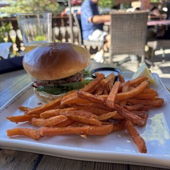 Oakside - Ahi tuna burger with sweet potato fries - Seafood Near Me - Big Bear Lake, California Oakside - Ahi tuna burger with sweet potato fries - Seafood Near Me - Big Bear Lake, California