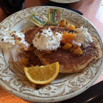 Another Broken Egg Cafe - Peach Cobbler Pancake Combo - came with two eggs and a choice of bacon or sausage - Cafes Near Me - Orange Beach, Alabama