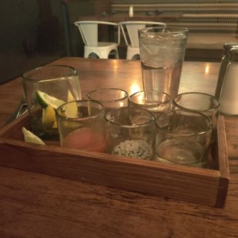Blanco Cocina + Cantina - Mezcal flight served with clamato, salt, limes, oranges, and sparling water. - Tacos Near Me - Phoenix, Arizona