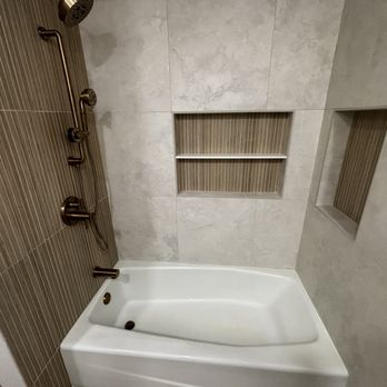 FS Flooring and Remodeling - New shower remodel
Bathtub style.
Customer was the designer ; selected the tiles , large niches and gold trims. - Flooring Near Me FS Flooring and Remodeling - New shower remodel
Bathtub style.
Customer was the designer ; selected the tiles , large niches and gold trims. - Flooring Near Me