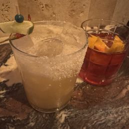 Hot Honey Margarita (front) and Parla Negroni (back)