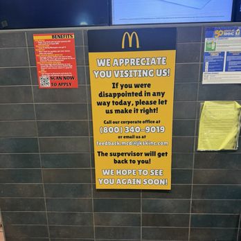 McDonald's - sign on wall for complaints because this obviously happens often - Fast Food Near Me - Walterboro, South Carolina McDonald's - sign on wall for complaints because this obviously happens often - Fast Food Near Me - Walterboro, South Carolina