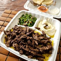 Laith's Mediterranean - Beef Shawarwa Plate served over rice.