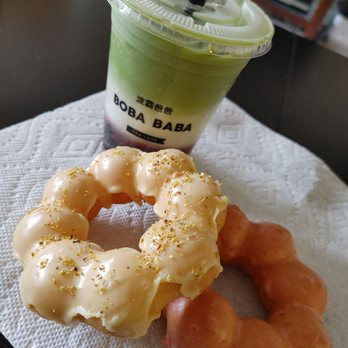 Boba Baba - Strawberry matcha with strawberry mochi donut and passion fruit mochi donut - Tea Rooms Near Me - Cary, North Carolina Boba Baba - Strawberry matcha with strawberry mochi donut and passion fruit mochi donut - Tea Rooms Near Me - Cary, North Carolina