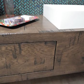 Precision Fine Finishing - Distressed Bathroom Floating Cabinet - Refinishing Services Near Me Precision Fine Finishing - Distressed Bathroom Floating Cabinet - Refinishing Services Near Me