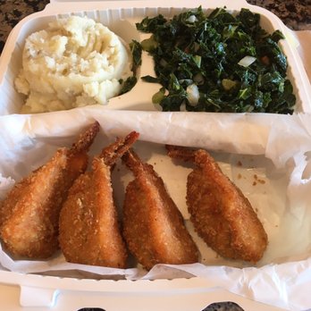 Mid Atlantic Seafood - Crab meat stuffed shrimp (fried) with kale and mashed potatoes. - Seafood Near Me - Laurel, Maryland