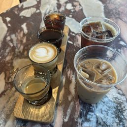 coffee flight, cold brew, iced cappuccino coffee flight, cold brew, iced cappuccino