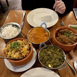 Lamb Biryani, Chicken Tikka Masala, Saag Paneer and Goat Curry