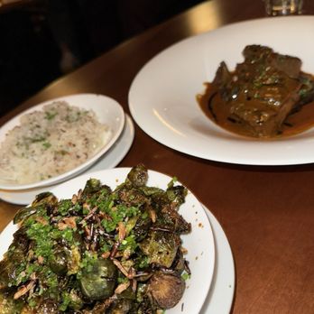 Somerville - Brussels sprouts, with the short rib that is a peanut sauce comes with the garlic rice - Steakhouses Near Me - Los Angeles, California Somerville - Brussels sprouts, with the short rib that is a peanut sauce comes with the garlic rice - Steakhouses Near Me - Los Angeles, California