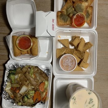 Thai Dishes - Entire order. Pad See You, Spring Rolls, Fried Tofu, Fried Wontons, Coconut Soup, Steamed rice - Thai Near Me - Redondo Beach, California