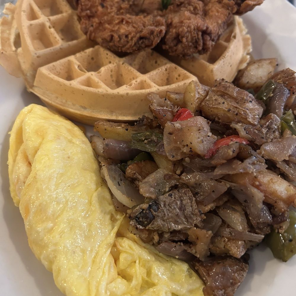 Bay Local Eatery - Chicken and waffle, homes fries and scrambled eggs with cheese - New American Near Me - Virginia Beach, Virginia