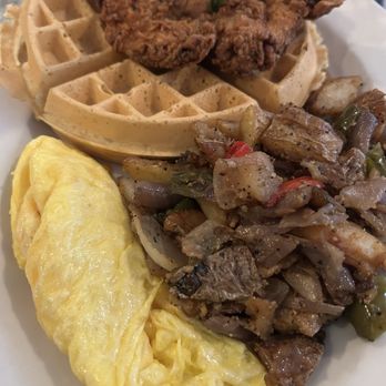 Bay Local Eatery - Chicken and waffle, homes fries and scrambled eggs with cheese - New American Near Me - Virginia Beach, Virginia