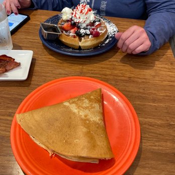 Eight AM - Fruit medley waffle, and the 6am crepe!!( ham, eggs, Swiss cheese) Yummy - New American Near Me - San Francisco, California Eight AM - Fruit medley waffle, and the 6am crepe!!( ham, eggs, Swiss cheese) Yummy - New American Near Me - San Francisco, California