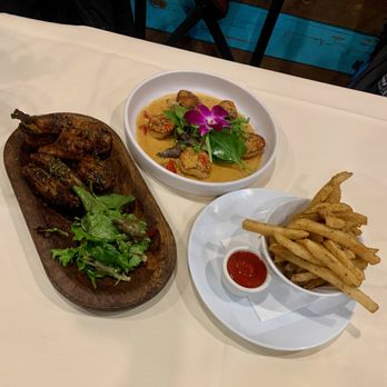 Orchid7 Fusion Bar & Grill - Appetizers: Jerk wings, seared sea scallops and french fries. - Caribbean Near Me - Dedham, Massachusetts Orchid7 Fusion Bar & Grill - Appetizers: Jerk wings, seared sea scallops and french fries. - Caribbean Near Me - Dedham, Massachusetts