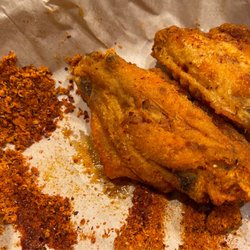 Jolene's Wings + Beer - Dry rub DOES NOT mean use a shaker bottle and fling the seasoning on dry, plain wings. LAZY indeed - Lazy Dog - aka Jolene's Wings.