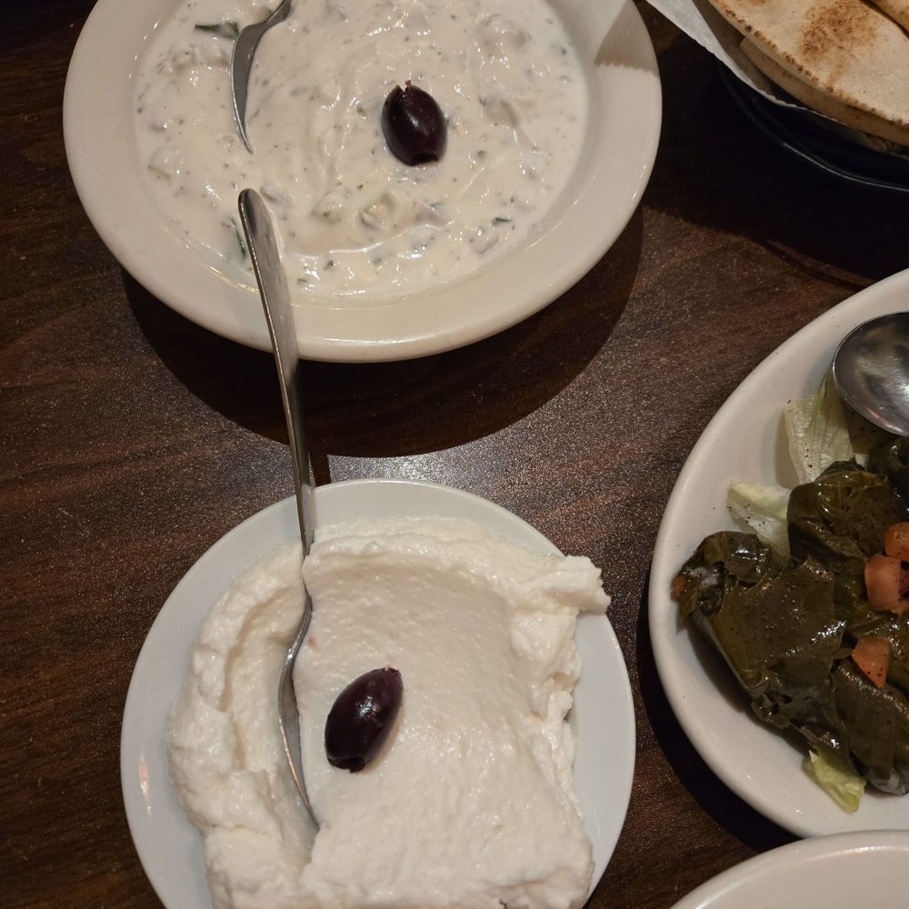 Taboon Mediterranean - Tzatziki (cucumber yogurt - part of family meal's cold appetizer) & garlic spread (bottom of the picture) - Mediterranean Near Me - Long Beach, California