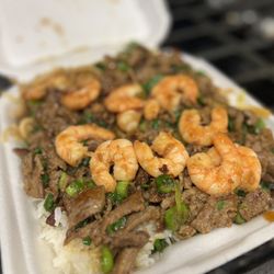 The Ninja Cook - Beef and Shrimp w/ half white rice & half noodles (takeout order)