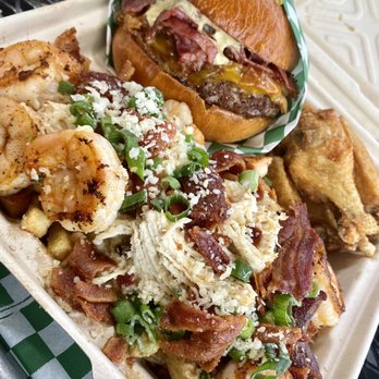 Oh My Burger - The Ultimate Pandemic Box: Pastrami cheeseburger, chicken wings, Alfredo Fries topped with bacon shrimp pastrami and chicken! - Burgers Near Me - Gardena, California Oh My Burger - The Ultimate Pandemic Box: Pastrami cheeseburger, chicken wings, Alfredo Fries topped with bacon shrimp pastrami and chicken! - Burgers Near Me - Gardena, California