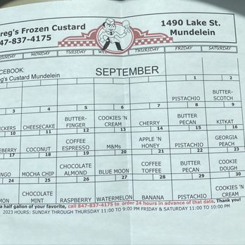 Greg's Frozen Custard - They have daily specials. This is for Sept. 2023 - Ice Cream & Frozen Yogurt Near Me - Mundelein, Illinois Greg's Frozen Custard - They have daily specials. This is for Sept. 2023 - Ice Cream & Frozen Yogurt Near Me - Mundelein, Illinois