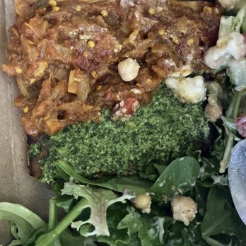 Yucca Valley Outpost - 50/50 wrap on gluten free sweet potato bread instead with pesto and eggplant - Vegan Near Me - Yucca Valley, California Yucca Valley Outpost - 50/50 wrap on gluten free sweet potato bread instead with pesto and eggplant - Vegan Near Me - Yucca Valley, California