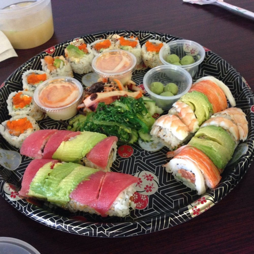 Kinki Sushi - Party tray with a seafood salad. - Japanese Near Me - Augusta, Georgia Kinki Sushi - Party tray with a seafood salad. - Japanese Near Me - Augusta, Georgia