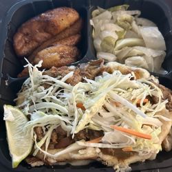 Corintos TO GO - Cheese stuffed brisket pupusas with plantains & cabbage; had a delicious pear ginger agua fresca, too. 10.6.25.