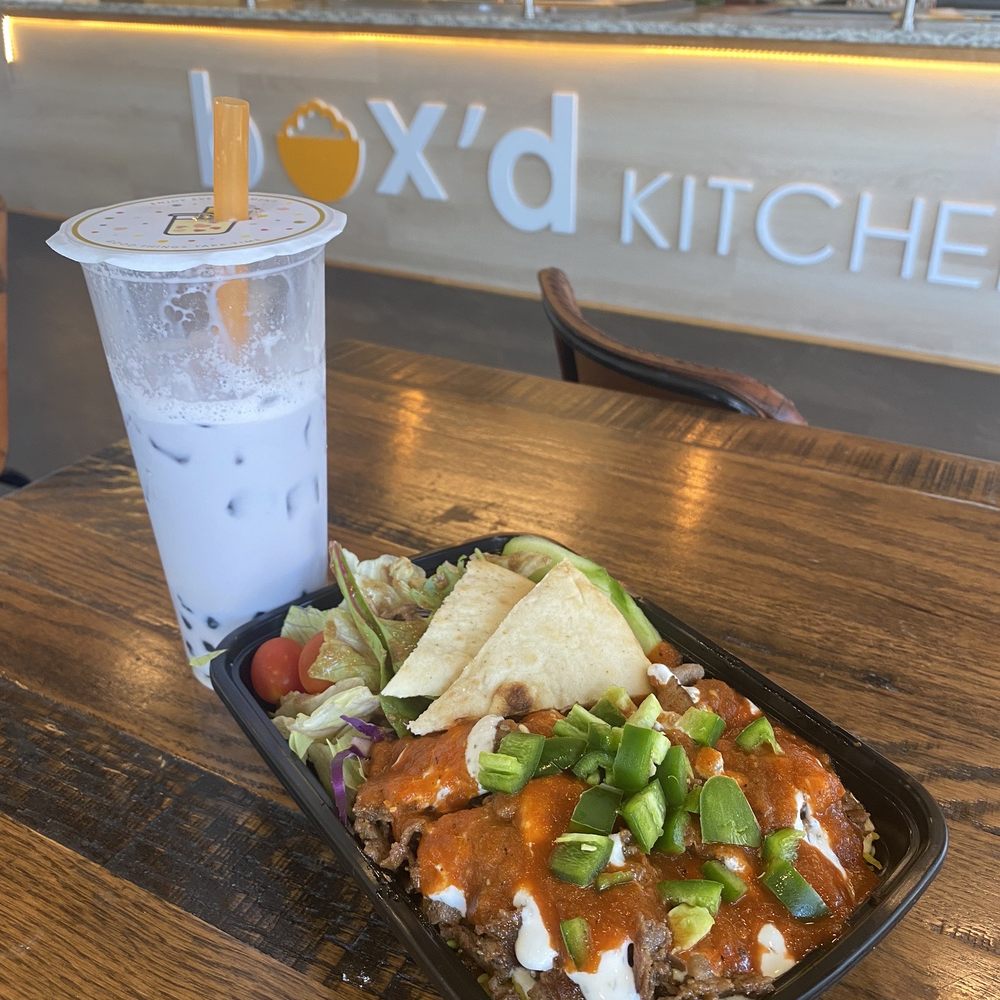 Taro Bubble Tea & Steak over Rice & Salad