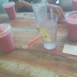 Smoothie and 3 waters with lemon.